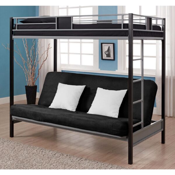 Twin over Futon Bunk Bed in Silver / Black Metal Finish - Image 2