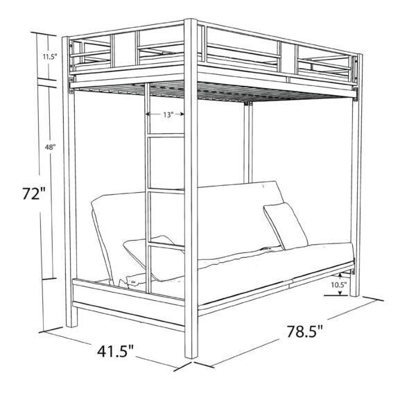 Twin over Futon Bunk Bed in Silver / Black Metal Finish - Image 4