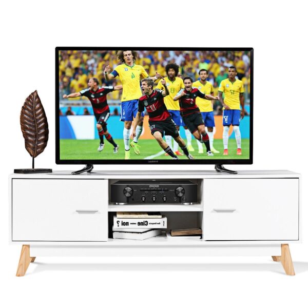 Modern Mid-Century Style Entertainment Center TV Stand in White Wood Finish - Image 2