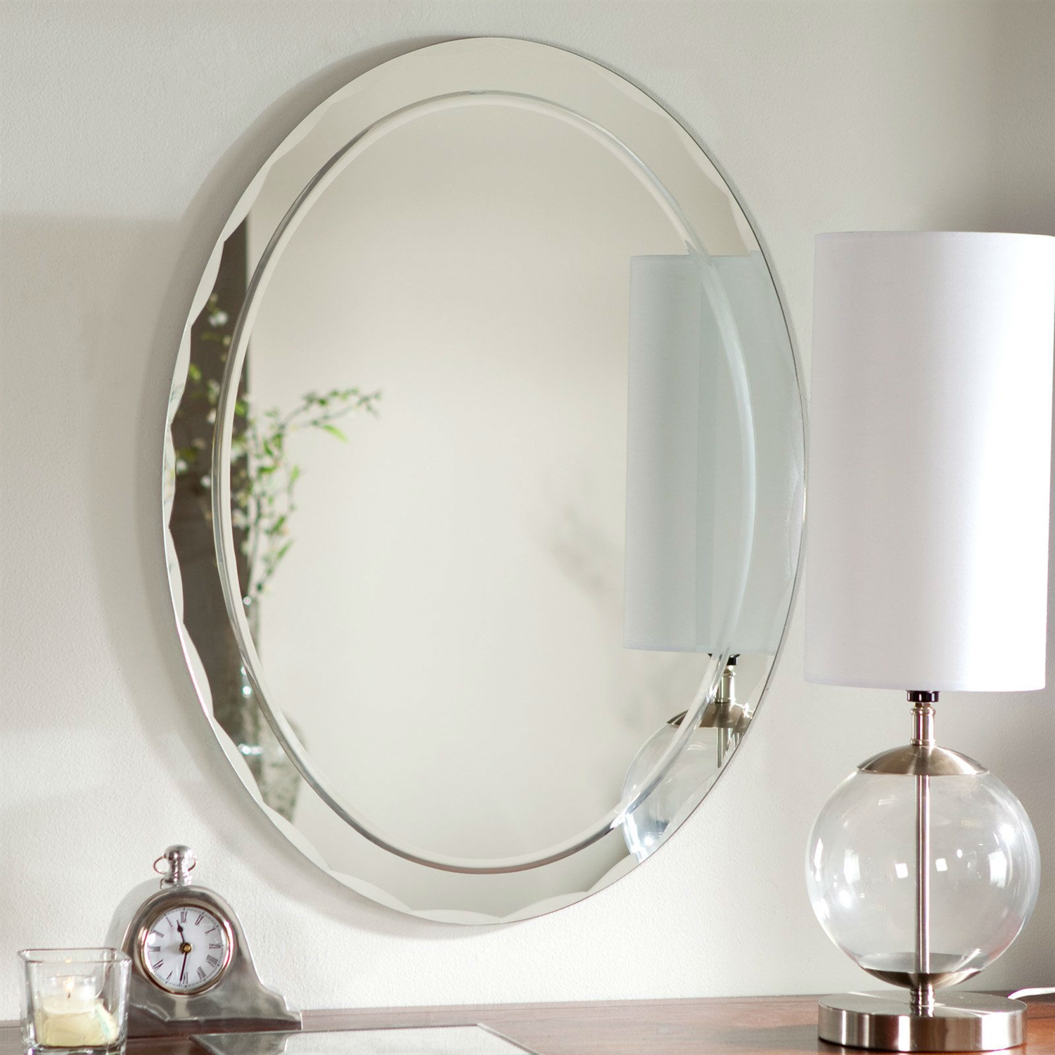 Oval Frameless Bathroom Vanity Wall Mirror with Beveled Edge Scallop Border - Image 2