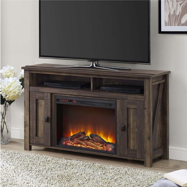 50-inch TV Stand in Medium Brown Wood with 1,500 Watt Electric Fireplace - Image 2