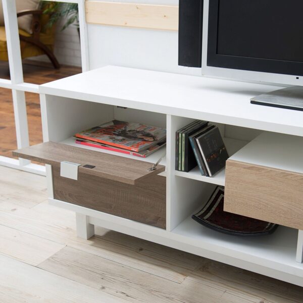 Modern 70-inch White TV Stand Entertainment Center with Natural Wood Accents - Image 4