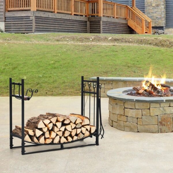 Indoor/Outdoor Heavy Duty Steel Firewood Storage w/ Kindling Holders, Shovel - Image 2