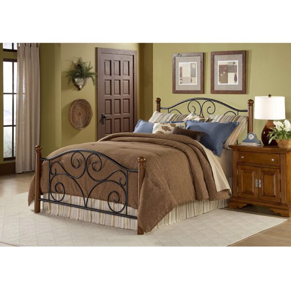 Queen size Black Metal Bed with Wood Post Headboard and Footboard - Image 2