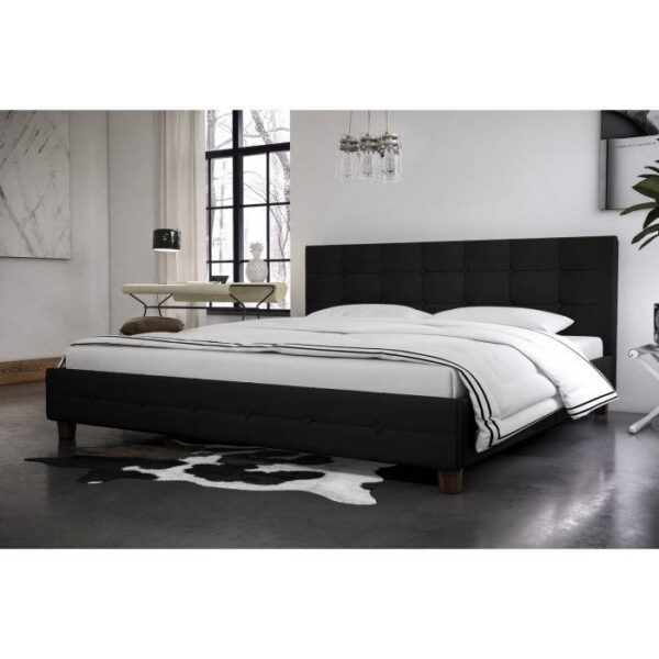 Full size Black Padded Linen Upholstered Platform Bed with Headboard - Image 2