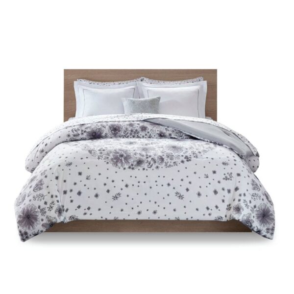 Full size 8-piece White Grey Floral Pattern Microfiber Comforter Set - Image 2