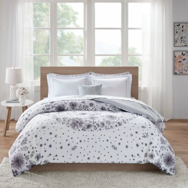 Full size 8-piece White Grey Floral Pattern Microfiber Comforter Set - Image 3