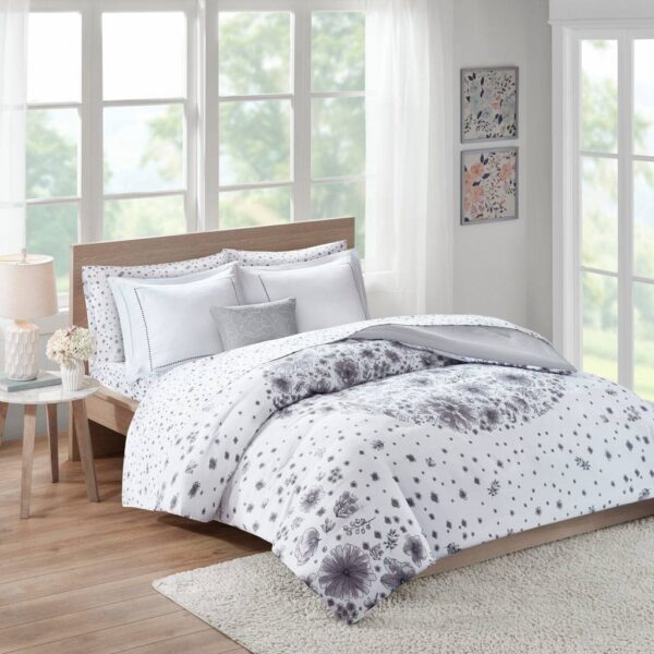 Full size 8-piece White Grey Floral Pattern Microfiber Comforter Set - Image 4