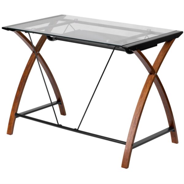 Modern Cherry Finish Glass Top Writing Table Computer Desk with Keyboard Tray - Image 2