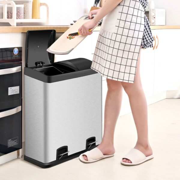 Large 16-Gallon Dual Compartment Kitchen Trash Can with Foot Pedal Open - Image 3