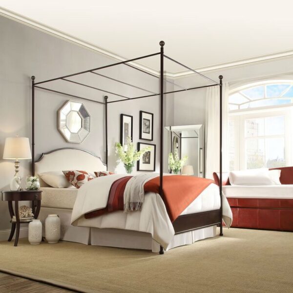 Full size Metal Canopy Bed with Cream White Linen Upholstered Headboard - Image 3