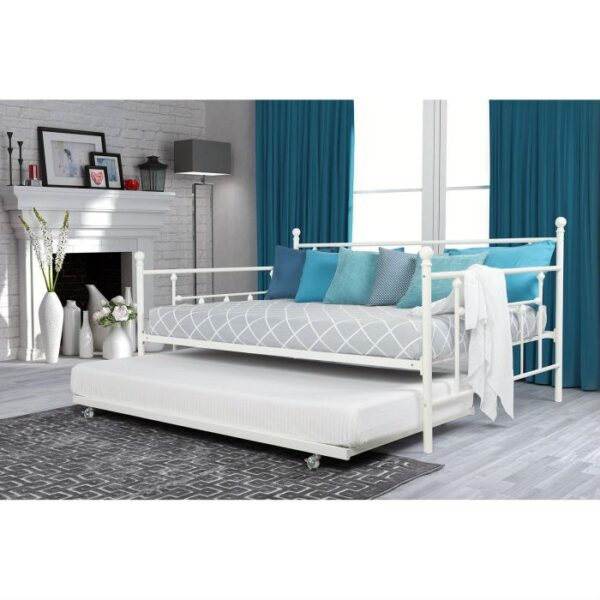 Full size White Metal Daybed with Twin Roll-out Trundle Bed - Image 2