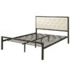 Full size Metal Platform Bed Frame with Beige Button Tufted Fabric Headboard