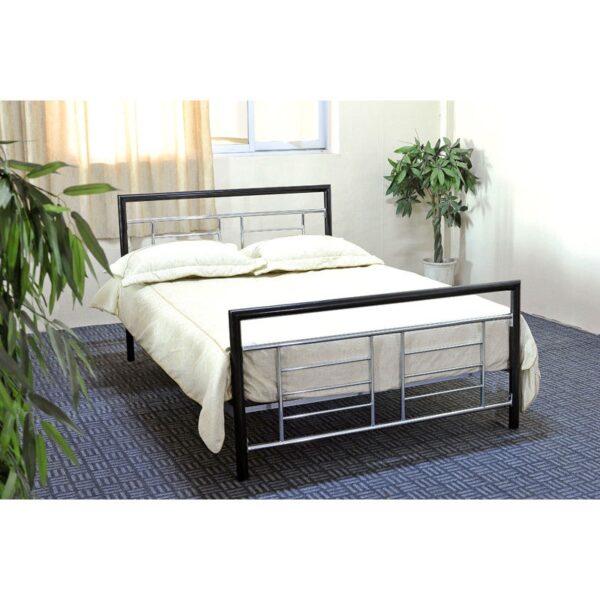 Full size Black Metal Platform Bed with Headboard and Footboard with Silver Accents - Image 2