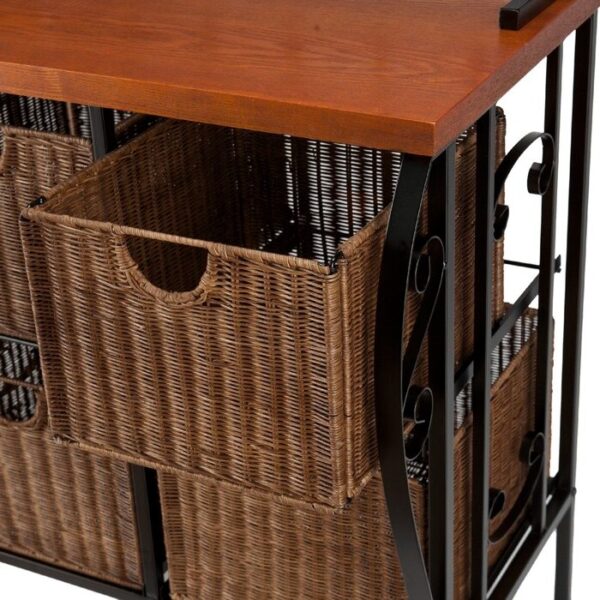 Farmhouse 4 Basket Stainless Steel Wood Top Kitchen Baker's Rack - Image 3