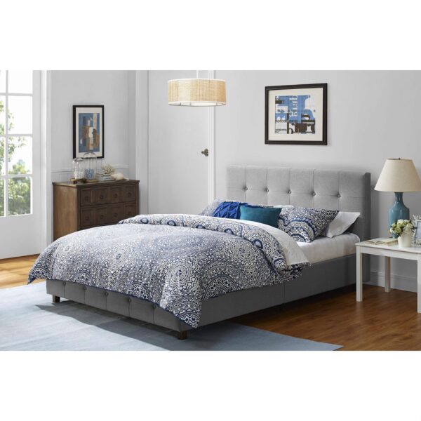 Full size Grey Linen Upholstered Platform Bed with Button-Tufted Headboard - Image 2