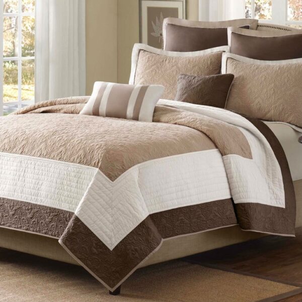 Full / Queen Brown Ivory Tan Cream 7 Piece Quilt Coverlet Bedspread Set - Image 2
