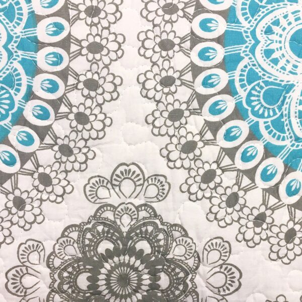 Full / Queen 3-Piece Cotton Quit Set in Aqua Blue White and Grey Floral Pattern - Image 3