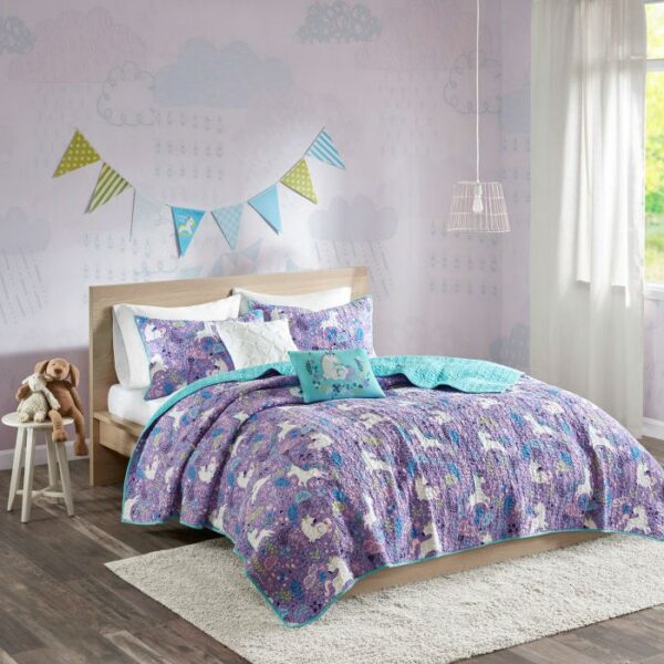 Twin/Twin XL 100% Cotton Kids Teal Purple Unicorn Quilt Coverlet Bedspread Set - Image 2