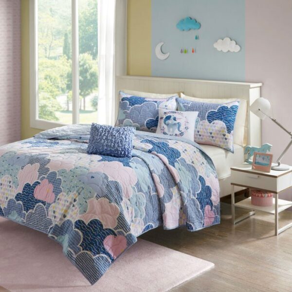 Full/Queen Kids Blue Pink Unicorn Clouds Quilt Coverlet Bedspread Set - Image 2