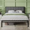 Full Metal Platform Bed Frame with Gray Button Tufted Upholstered Headboard - Image 2