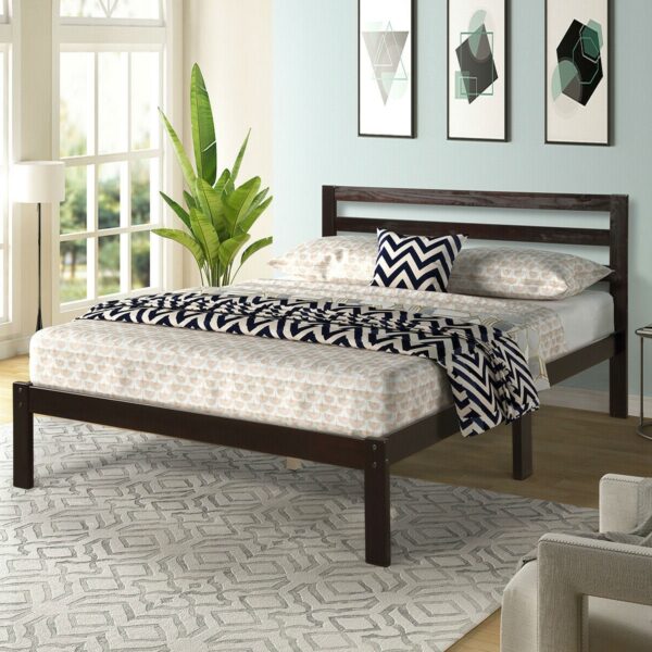 Full size Wooden Platform Bed Frame with Headboard in Espresso - Image 4