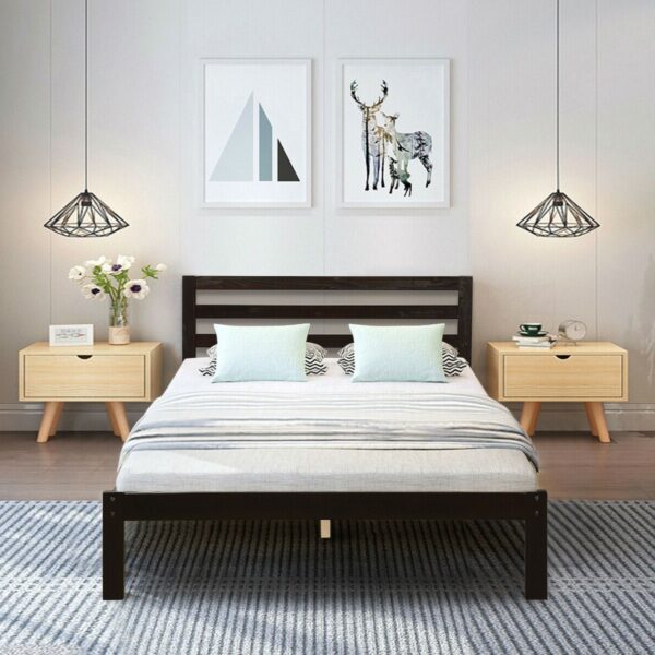 Full size Wooden Platform Bed Frame with Headboard in Espresso - Image 5