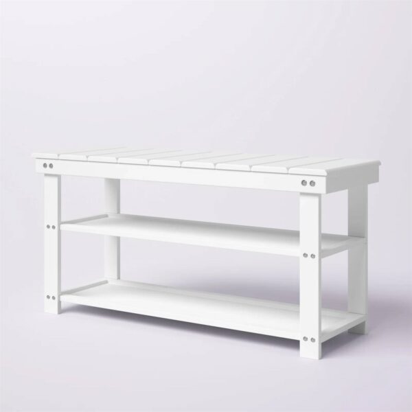 White Slatted Wood 2-Shelf Shoe Rack Storage Bench For Entryway or Closet - Image 2