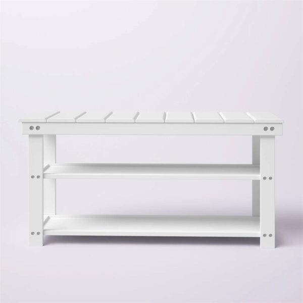 White Slatted Wood 2-Shelf Shoe Rack Storage Bench For Entryway or Closet - Image 3