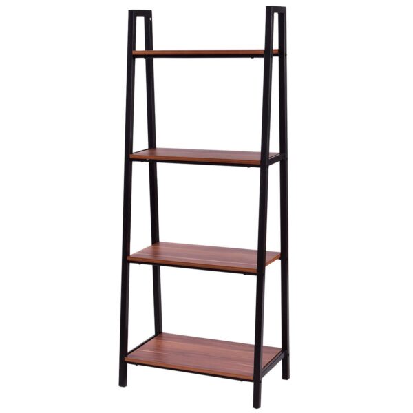 Ladder Style 4-Shelf Bookcase in Black Steel Walnut Wood Finish - Image 2