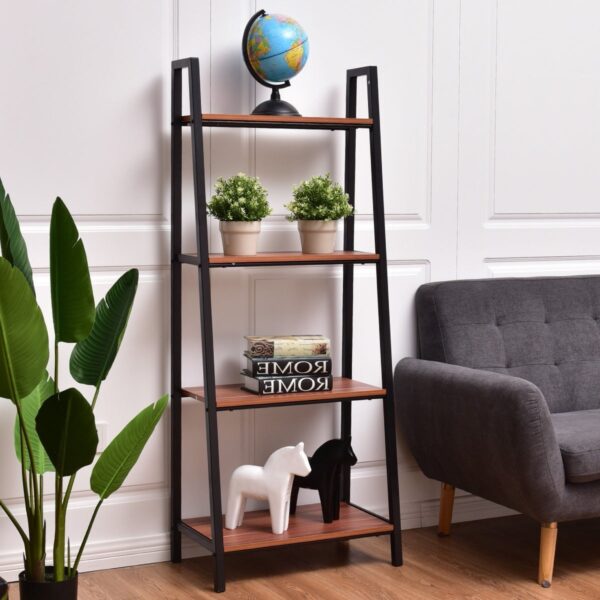 Ladder Style 4-Shelf Bookcase in Black Steel Walnut Wood Finish - Image 5