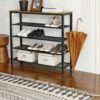 Modern Industrial Style 5-Tier Black Metal Shoe Rack with Brown Wood Top - Image 2
