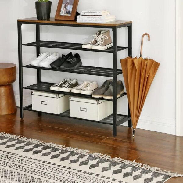Modern Industrial Style 5-Tier Black Metal Shoe Rack with Brown Wood Top - Image 2