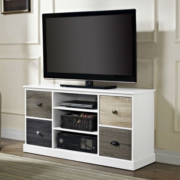 White Wood Finish TV Stand with Multi Wood Grain Finish Drawer Door Fronts - Image 3