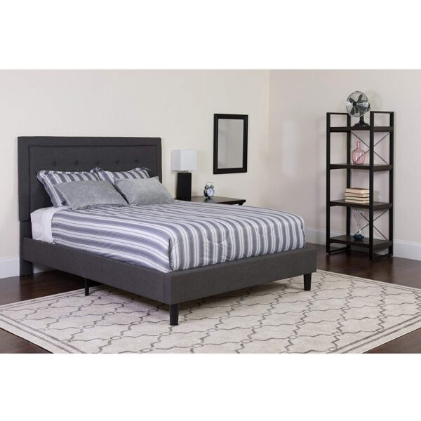 Full size Dark Grey Fabric Upholstered Platform Bed Frame with Tufted Headboard - Image 3