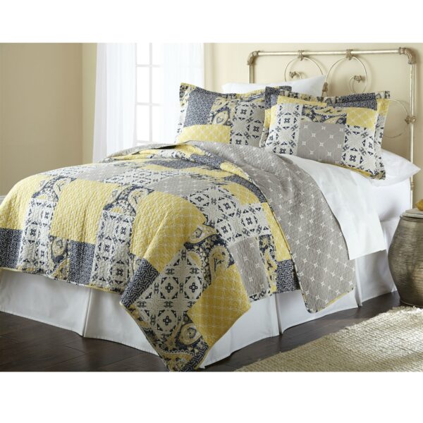 Full / Queen Cotton Patchwork Quilt Set Yellow Grey Navy - Image 2