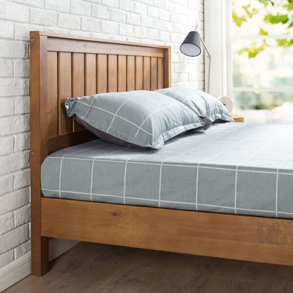 Full size Solid Wood Platform Bed Frame with Headboard in Medium Brown Finish - Image 2