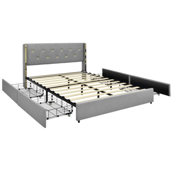 Full Size Grey/Gold Linen Headboard 4 Drawer Storage Platform Bed - Image 2