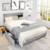 Full Size Grey/Gold Linen Headboard 4 Drawer Storage Platform Bed - Image 3