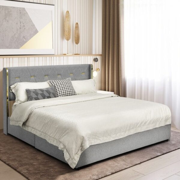 Full Size Grey/Gold Linen Headboard 4 Drawer Storage Platform Bed - Image 4