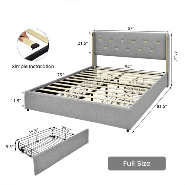 Full Size Grey/Gold Linen Headboard 4 Drawer Storage Platform Bed - Image 5