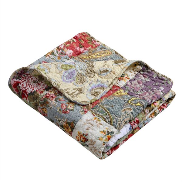 Red Green Blue Purple Yellow White 100-Percent Cotton Floral Patchwork Quilt Throw Blanket - Image 2