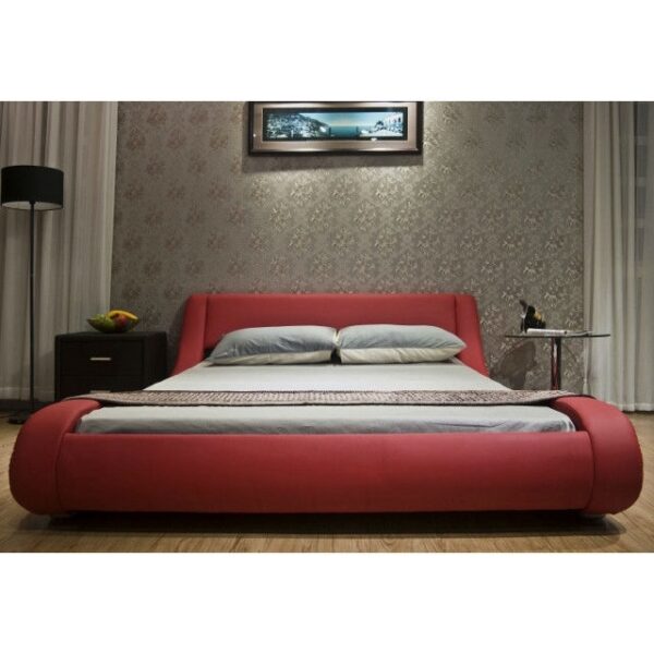 Queen size Modern Red Faux Leather Upholstered Platform Bed with Curved Headboard - Image 2