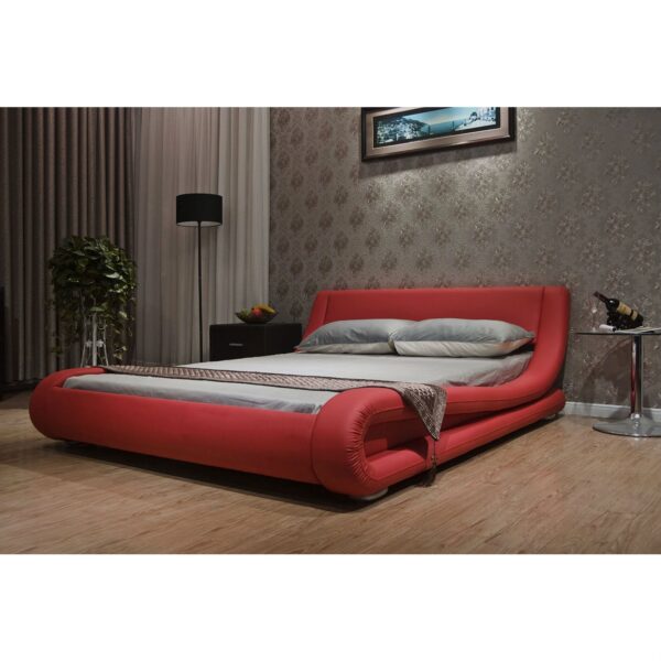 Queen size Modern Red Faux Leather Upholstered Platform Bed with Curved Headboard - Image 3