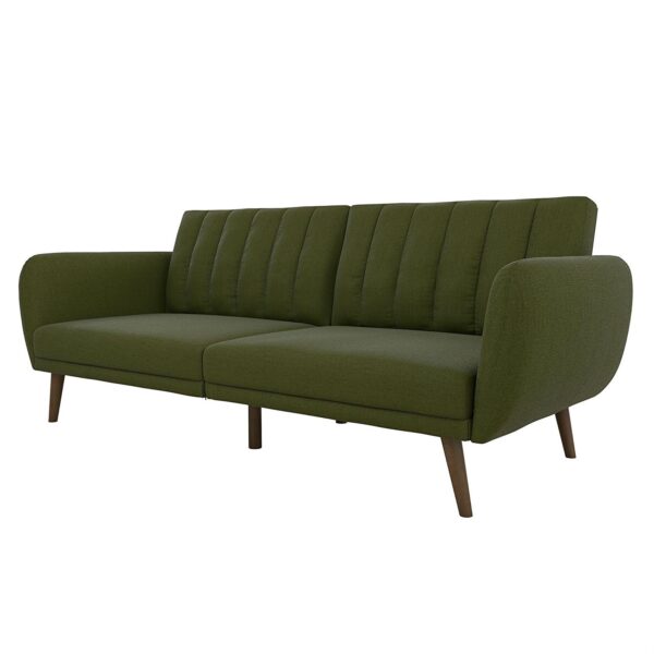 Green Linen Upholstered Futon Sofa Bed with Mid-Century Style Wooden Legs - Image 2