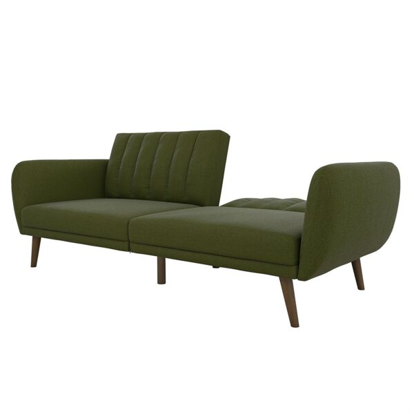 Green Linen Upholstered Futon Sofa Bed with Mid-Century Style Wooden Legs - Image 3