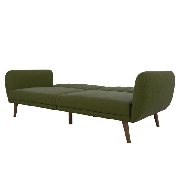 Green Linen Upholstered Futon Sofa Bed with Mid-Century Style Wooden Legs - Image 4