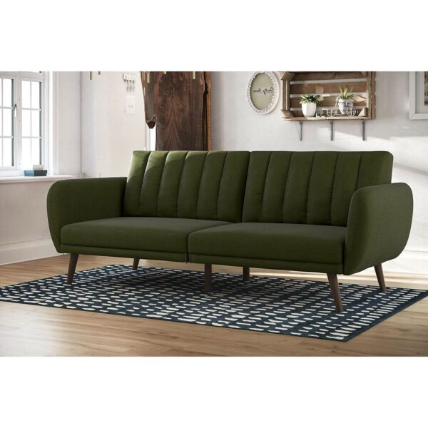 Green Linen Upholstered Futon Sofa Bed with Mid-Century Style Wooden Legs - Image 5