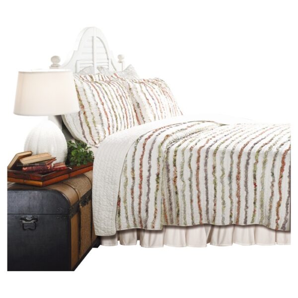 Full / Queen 100% Cotton Quilt Set Ruffled Multi-color Stripes - Image 2