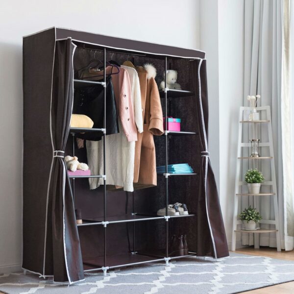 Brown Grey 60-inch Bedroom Wardrobe Closet Clothes Organizer Shoe Rack - Image 2